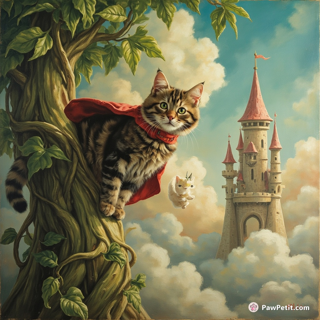 A brave tabby cat scales a giant beanstalk to rescue a purring princess from a cloud castle.