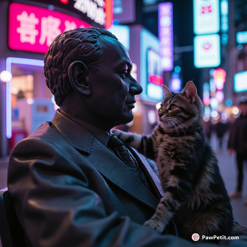 Cat attempts conversation with politician statue; vigorously swipes paw for hours, confusing stone stubbornness for a heated debate.
