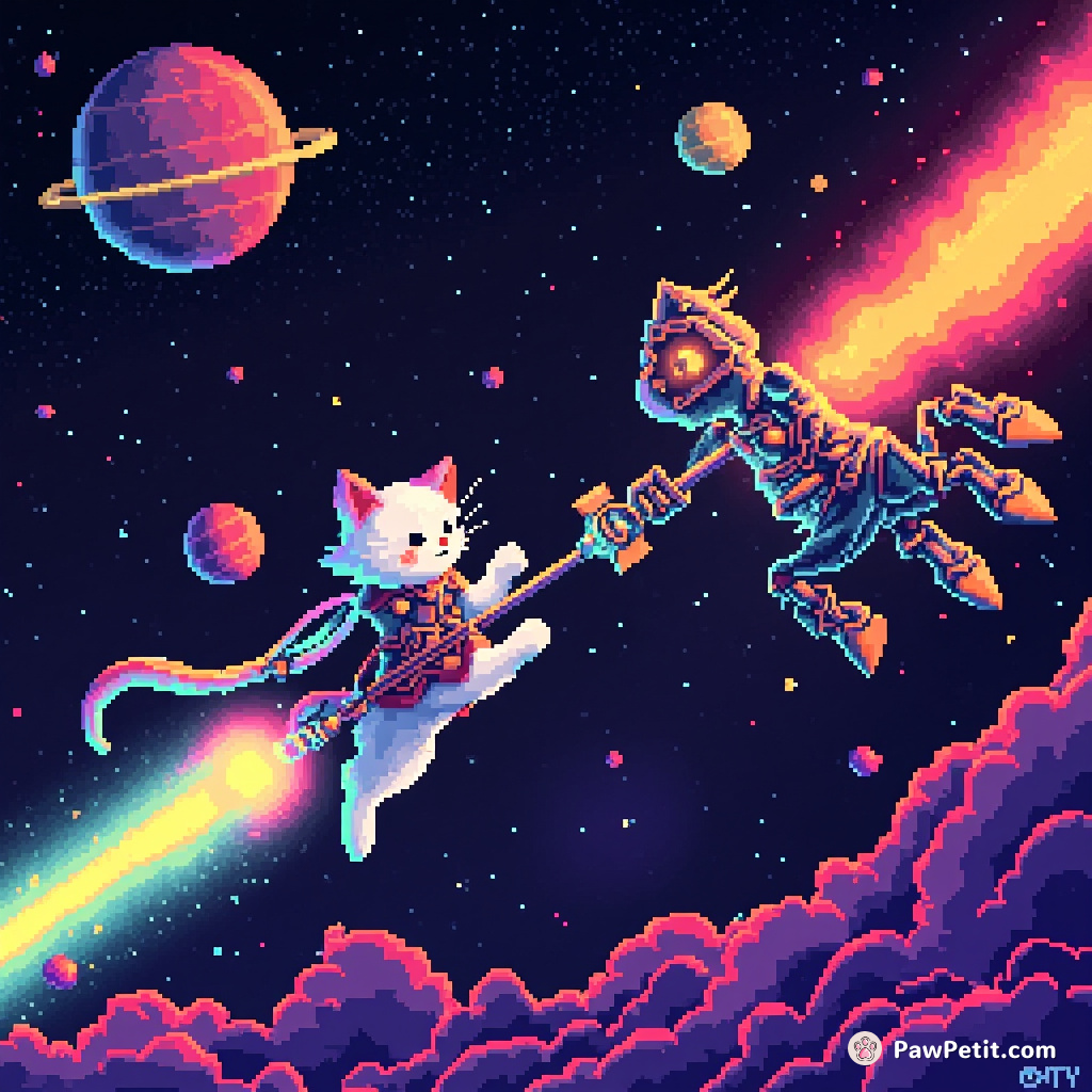 A Space Cat jousting with a robotic unicorn on a comet, garbed in neon astral knight armor.