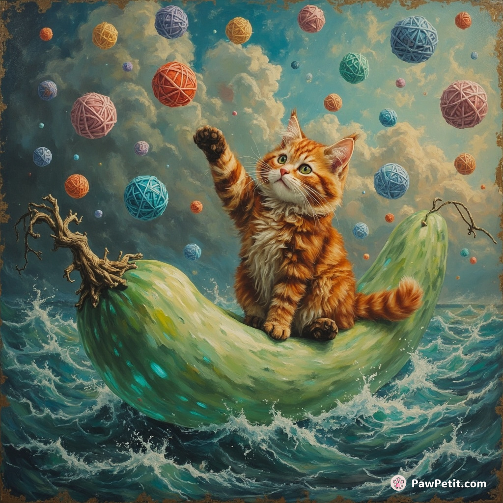 Red-haired bonsai trollcat throwing galaxy-like yarn balls atop a crystalline cucumber-ship in an ether-filled sea.