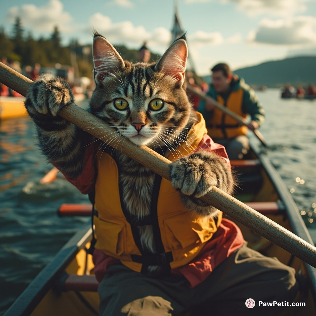 Fussy feline commandeers a canoe, manipulates oars and out-paddles hapless humans in hilarious harbor race, leaving all awe-struck.
