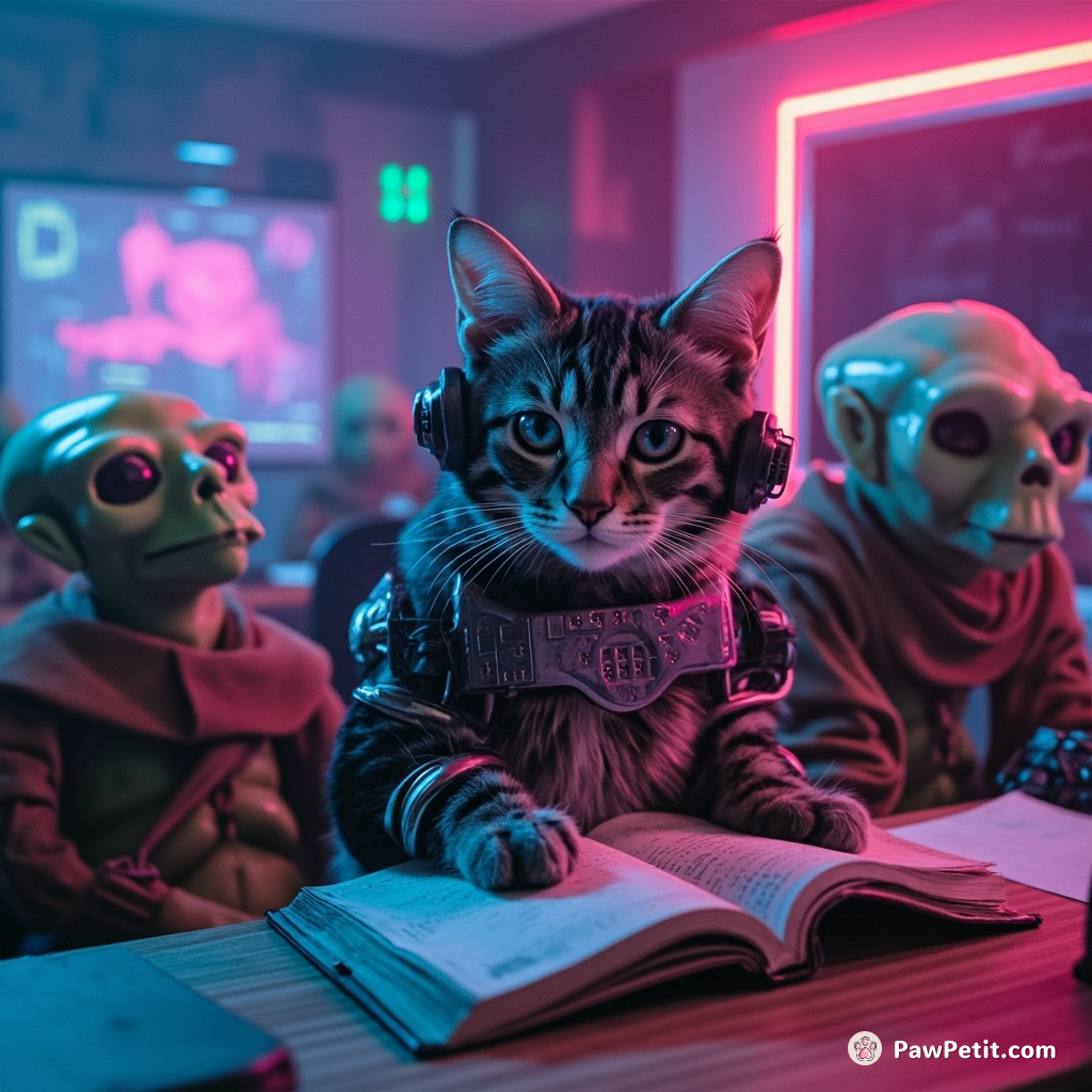 Cybernetic cat teaching ancient aliens in a Martian classroom.