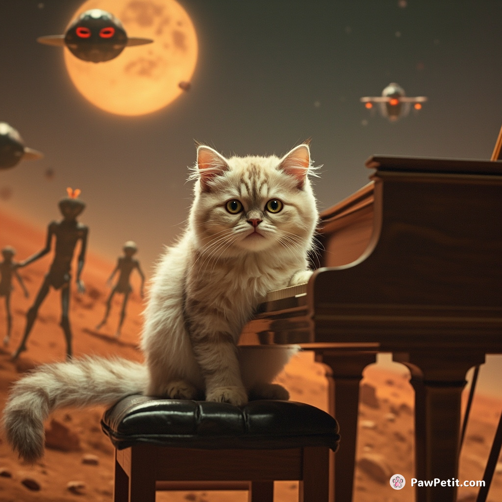 A one-tailed seven-eyed cat playing a grand piano in the midst of an alien invasion on Mars.