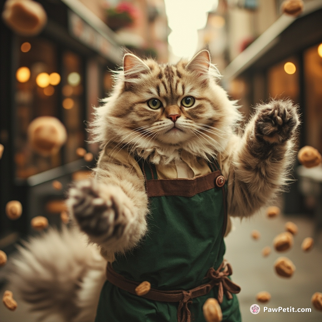 Masked as a barista, the cat sent lattes flying with enthusiastic tail thumps - chaos in Cappuccino City.
