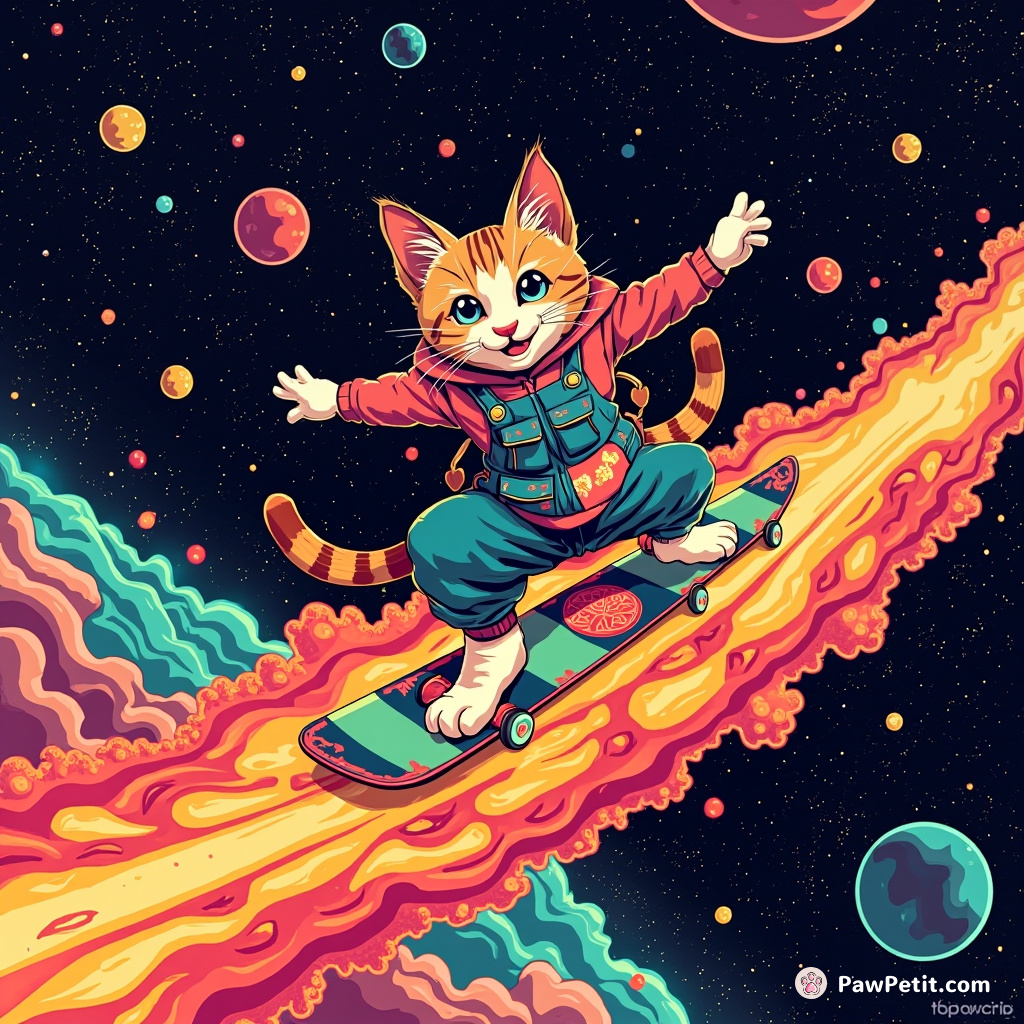 Cat surfing on a slice of celestial pizza across the galaxy in velvet-painted pop art style.
