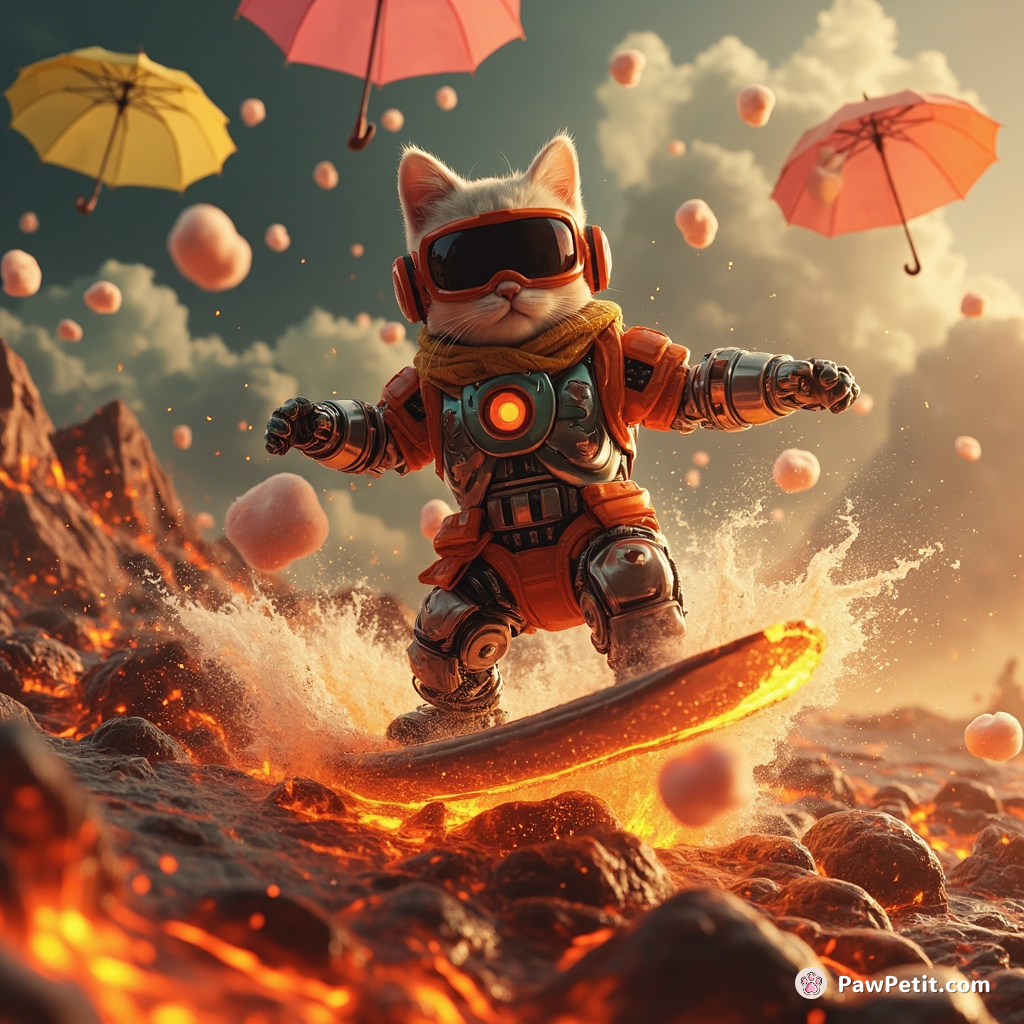 Cyborg cat surfing on molten lava amidst flying umbrellas and marshmallow rain.