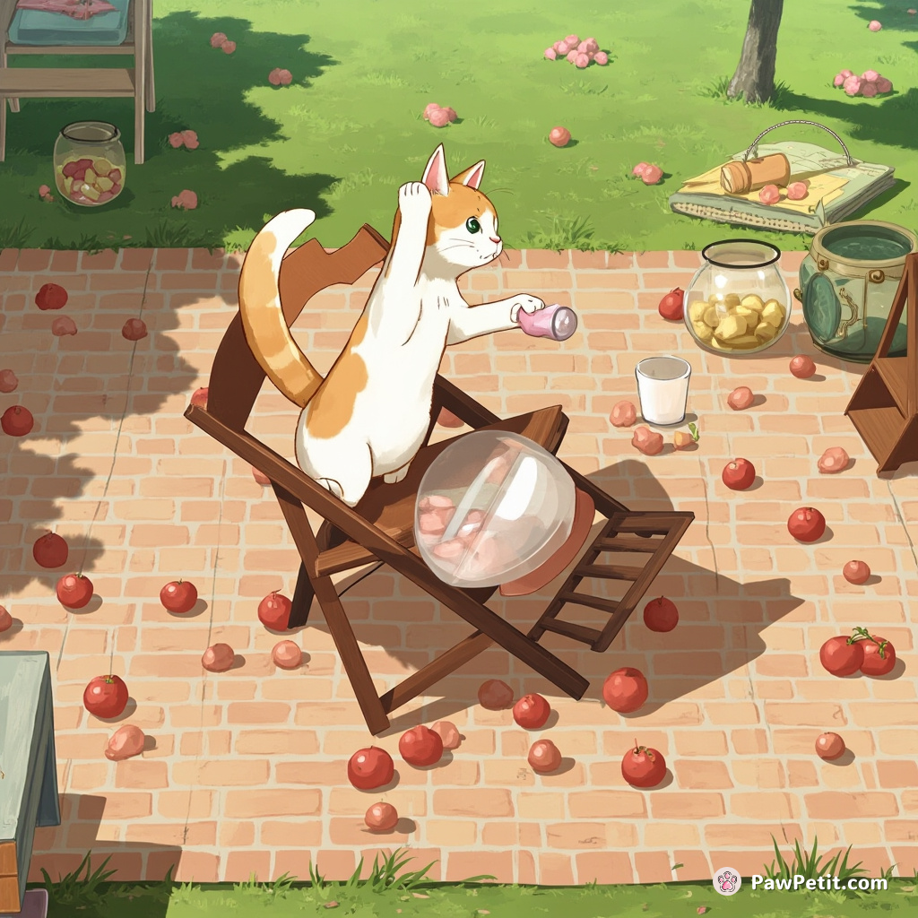Amidst a frenzied picnic, the cat knocked over punch bowl as it precariously tried to perch on a folding chair.j