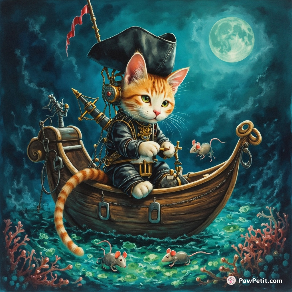 Cybernetic, steampunk cat crafting tiny mechanical mice on a sunken pirate ship infused with bioluminescent algae.