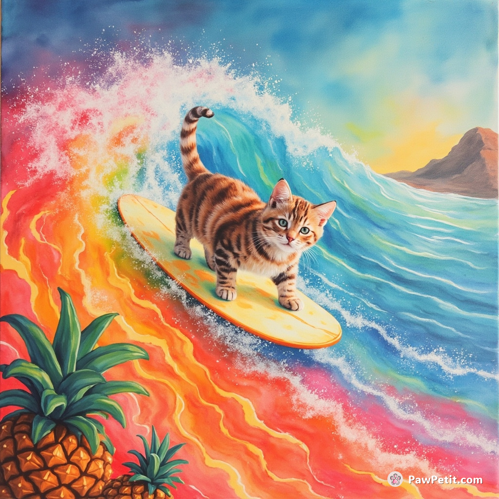 A cat bodysurfing a rainbow lava wave in a neon dessert with pineapple cactuses.