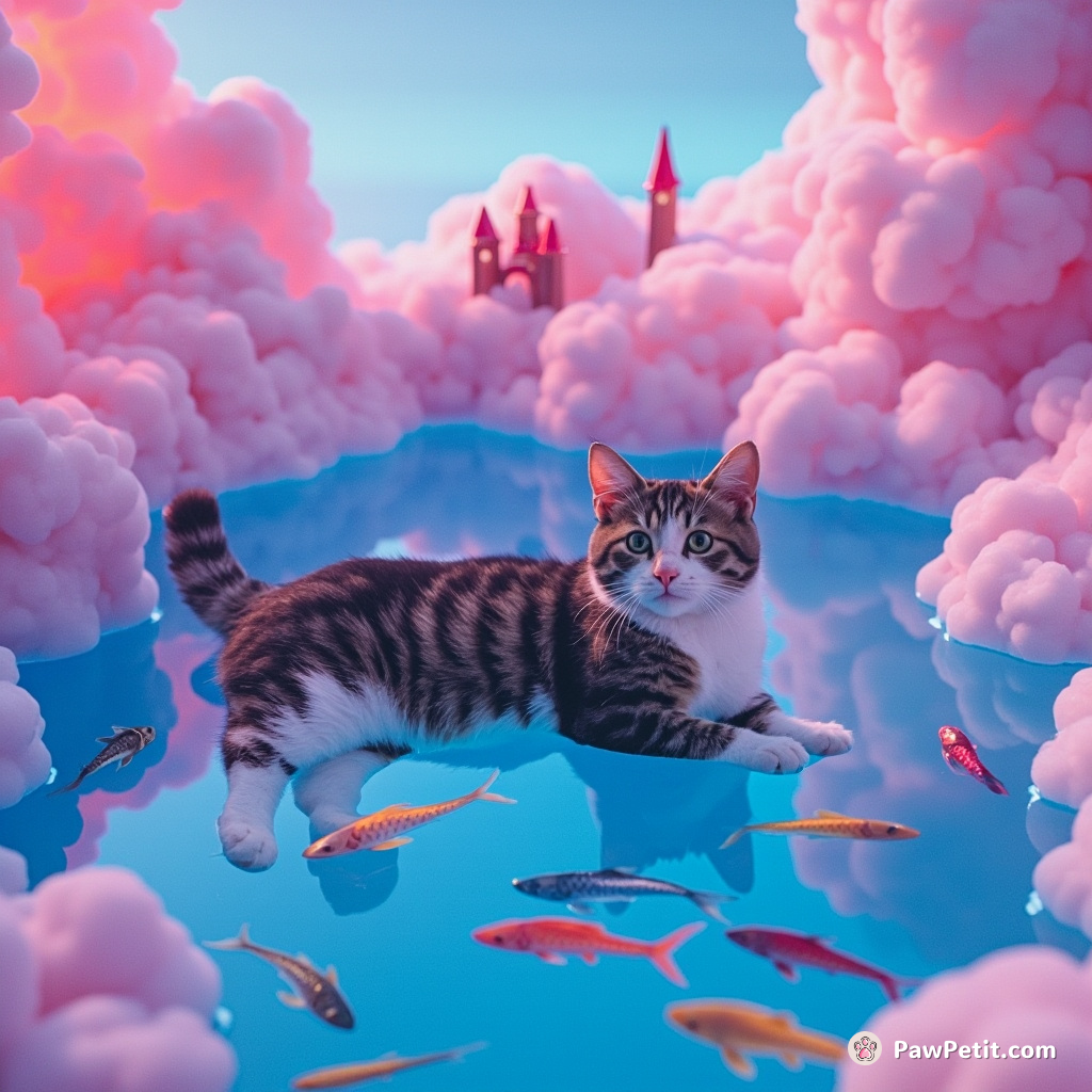 Cat frolicking in a pool filled with colorful fishes among floating clouds and miniature castles.