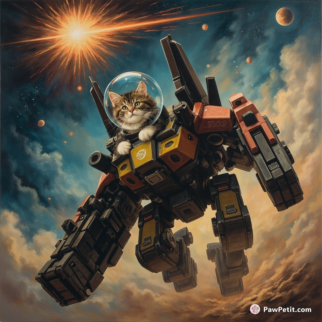 A sleek cat deftly pilots a colossal mech, pawing at holographic controls while chasing a cosmic laser pointer.