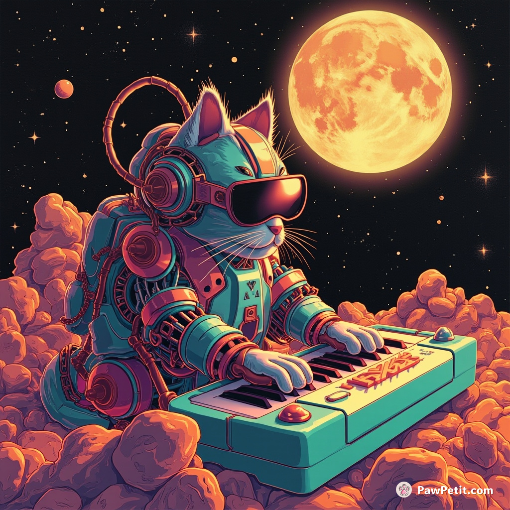 Cybernetic cat hacking a cheese moon with its scratch-post keyboard.