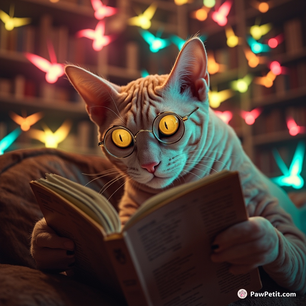 A translucent hairless cat reading vintage conspiracy theories in a mid-century library lounge hovering amidst a swarm of neon hummingbirds.