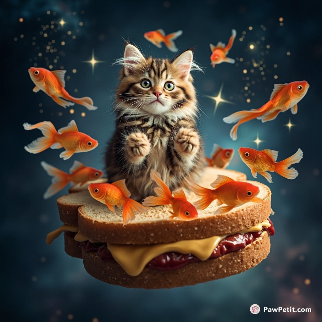 A cat conducting a symphony of singing fish while floating on a peanut butter and jelly sandwich in galaxy-themed space.