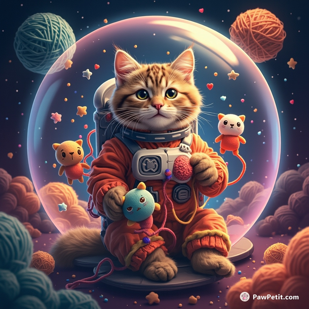 A cat making plushie replicas of zero-gravity astronauts out of ball yarn inside a glowing space bubble.