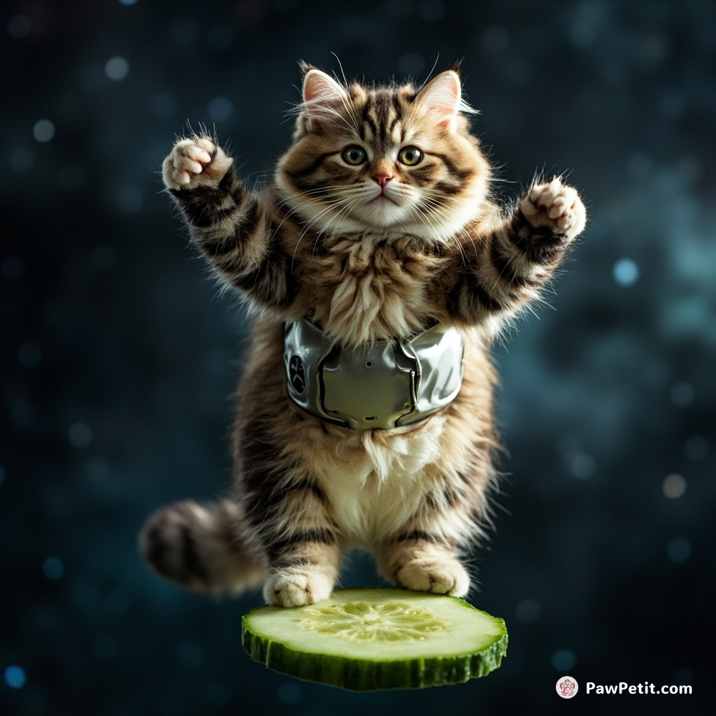 Cyborg cat defying gravity, breakdancing on a floating cucumber slice in space.