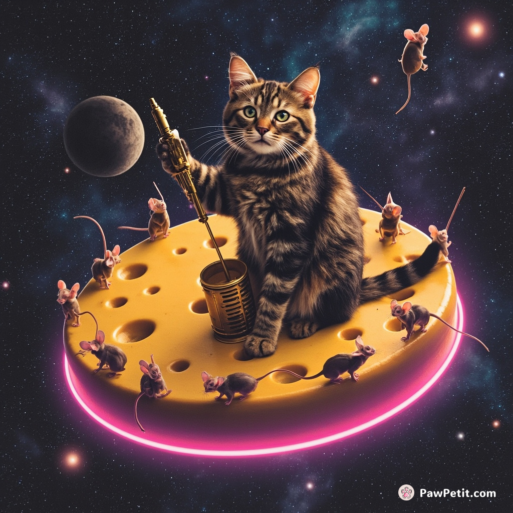 A tabby cat conducting an orchestra of mice atop a giant cheese wheel floating in the open galaxy.