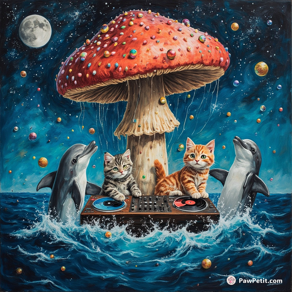 Cat disco party under a giant mushroom in the middle of the ocean, with dolphins doing DJing.