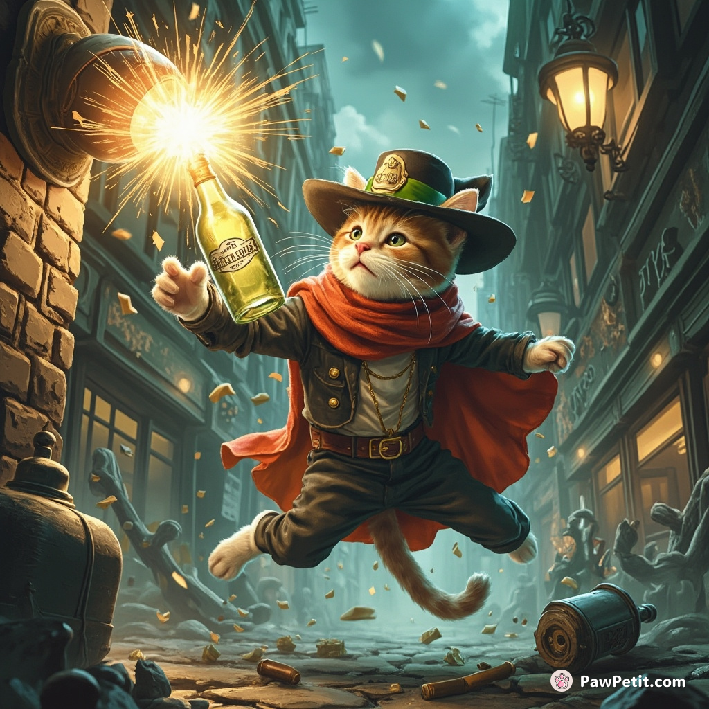 Cat accidentally triggers alarm, averting robbery; hailed city's hero for its unexpected vodka bottle knockdown.
