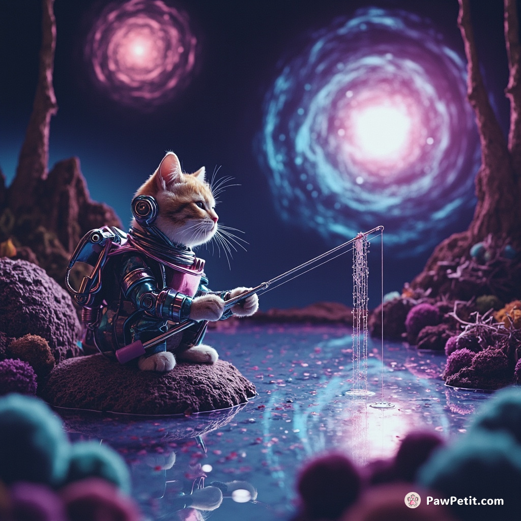 Cyborg cat fishing for nebulae in a galaxy pond, using strands of cosmic dust as bait.