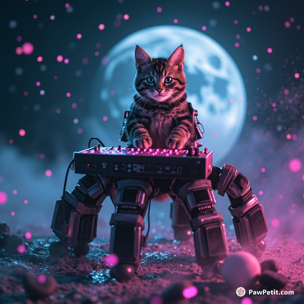 Cybernetic cat with six legs playing a theremin on the moon under neon confetti rain.