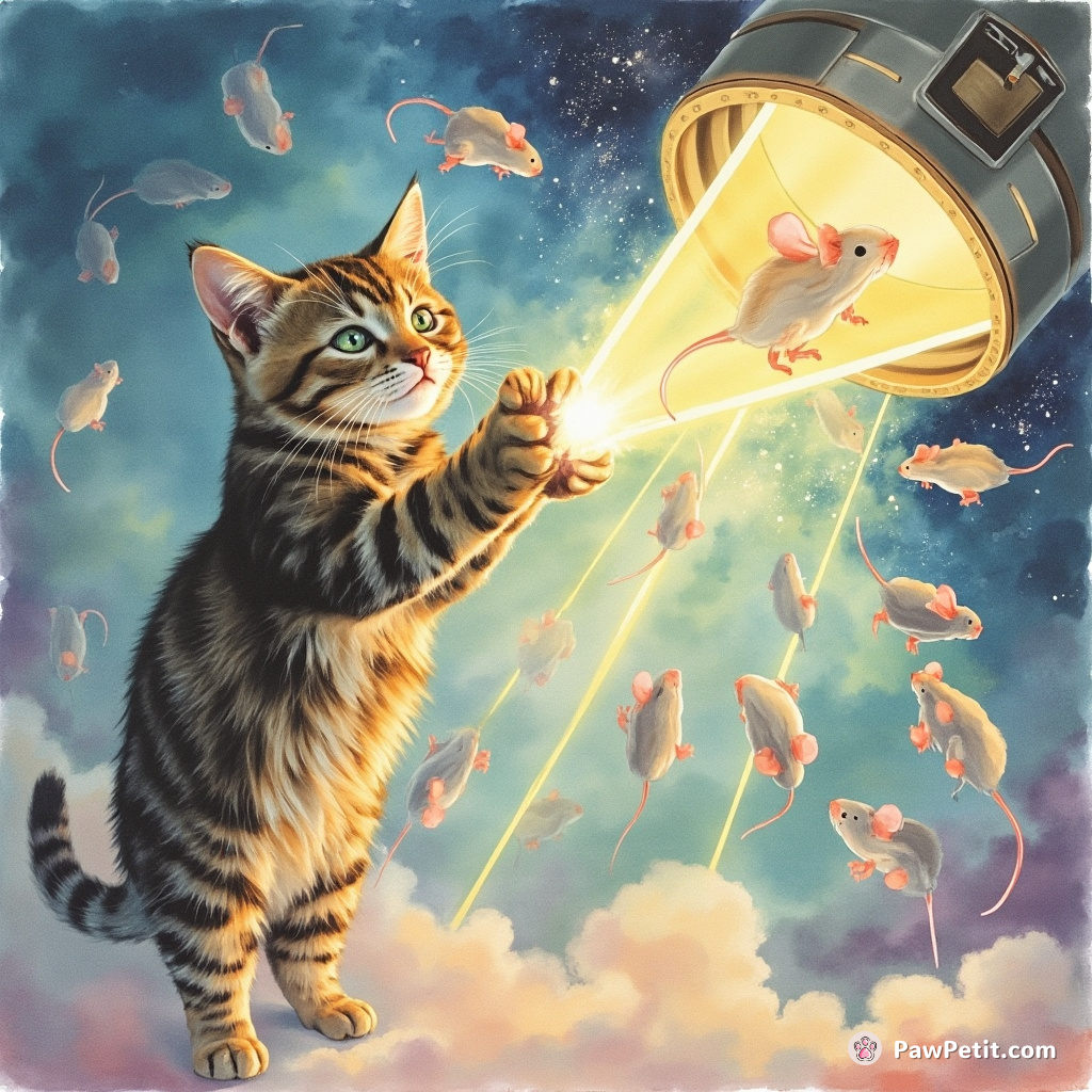 A mischievous tabby activates a teleportation device, zapping itself into a parallel universe full of laser mice.