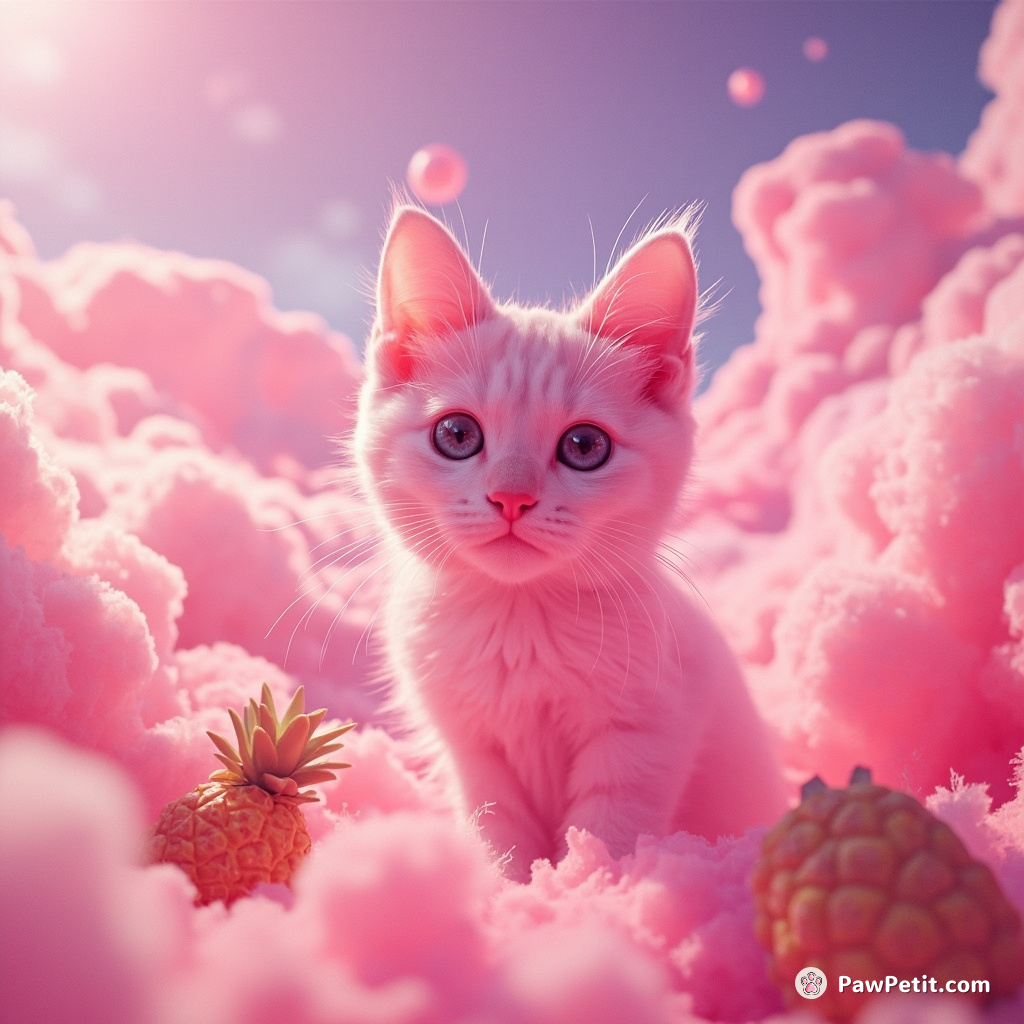 A neon pink space cat exploring a cheese planet with tiny pineapple island under a fluffy cotton candy sky.