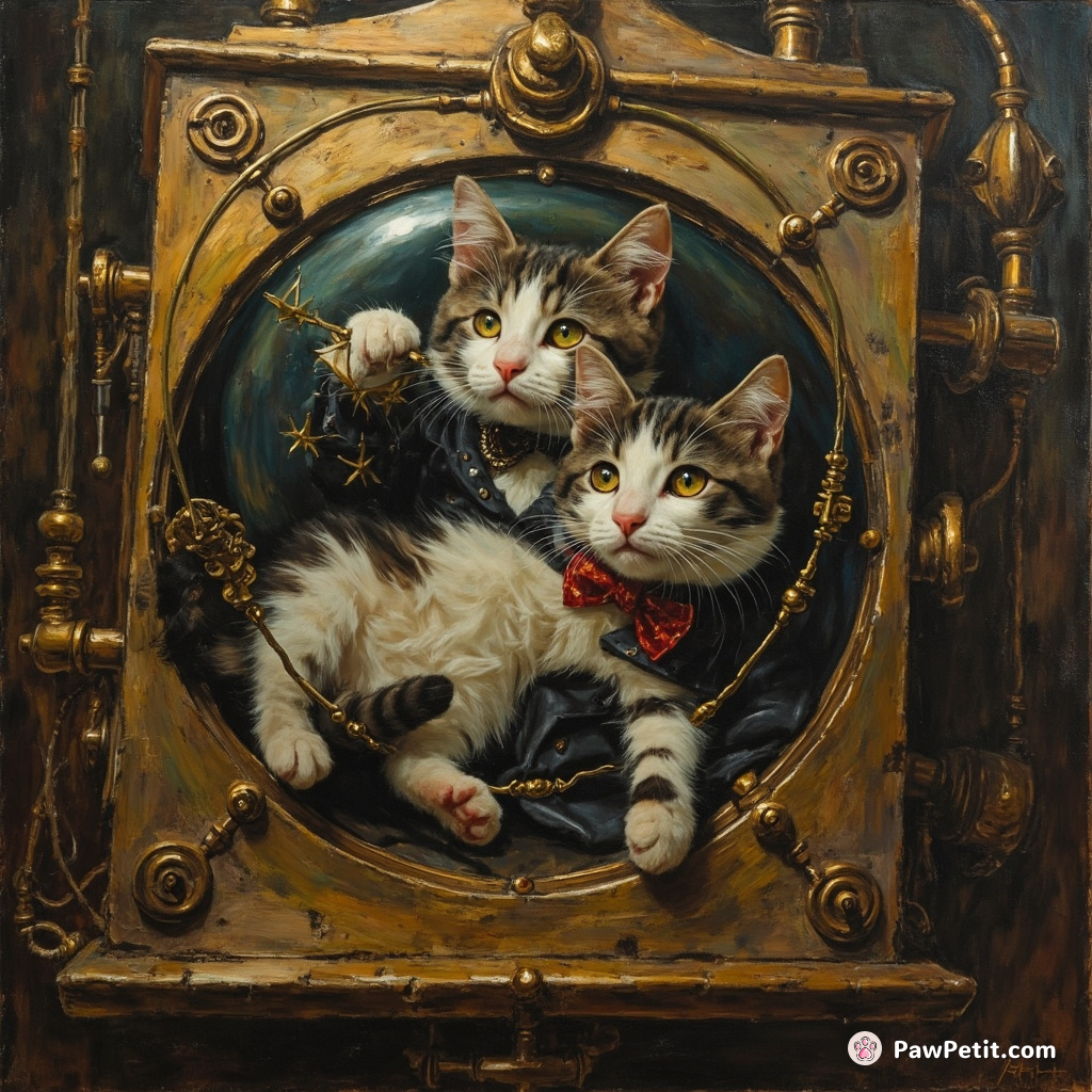 A sophisticated feline physicist experimenting with a zero-gravity catnip chamber in a steampunk-victorian loft.