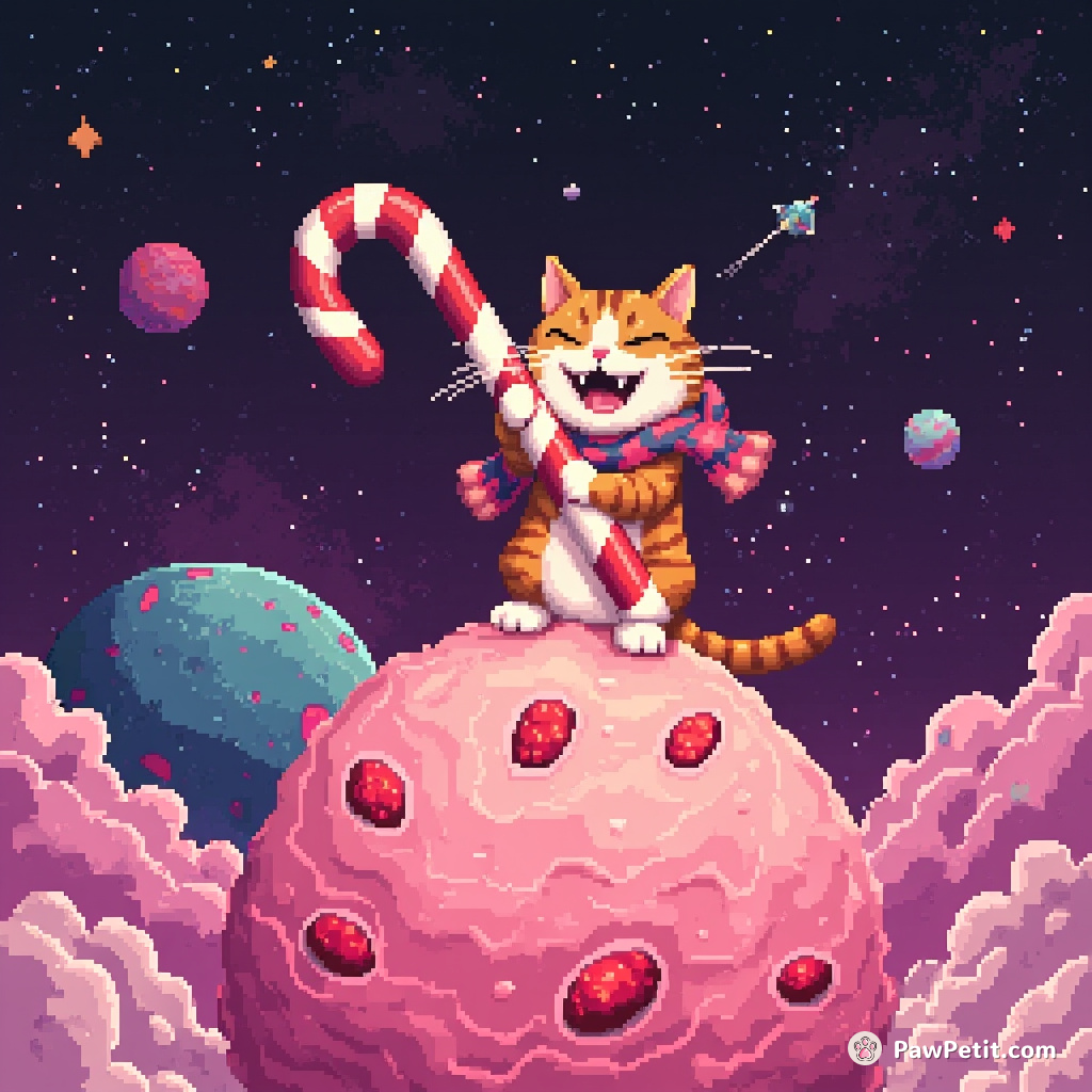 A cat wrestling with a giant candy cane atop a dollop of sunburnt strawberry ice cream floating in outer space.