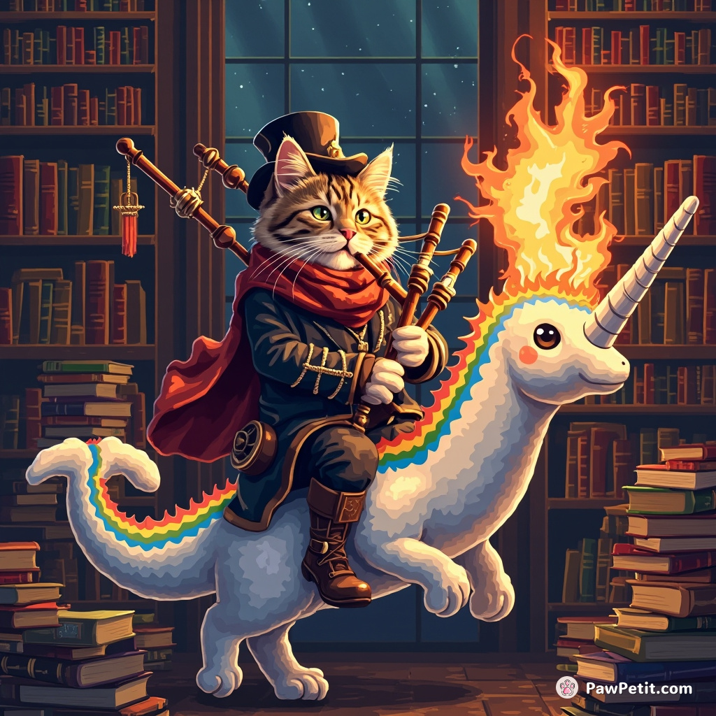 Cat in a steampunk suit playing flaming bagpipes, riding on the back of a rainbow narwhal inside an ancient library.
