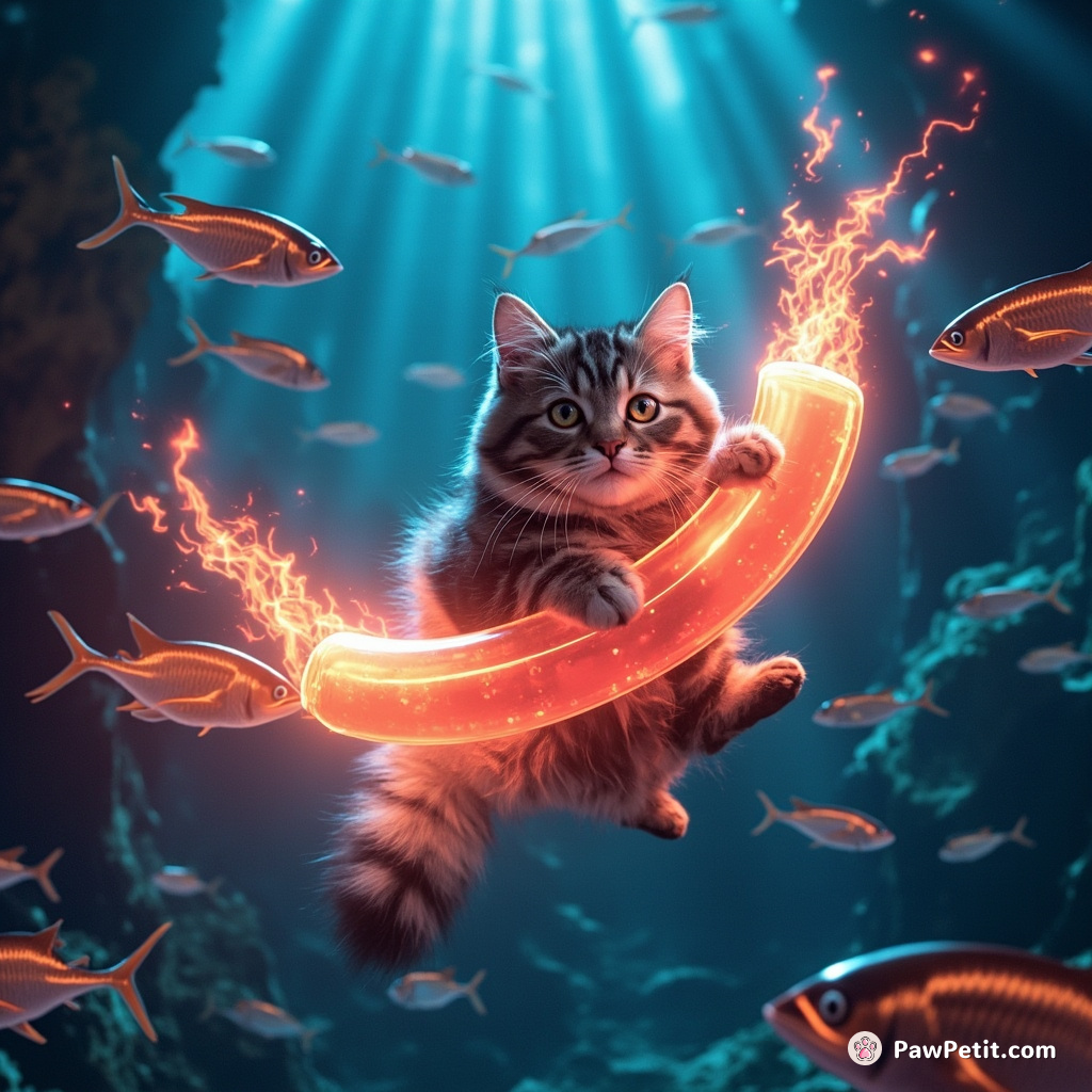 Cat playing a flaming tuba while riding on a neon school of flying fish in an underwater canyon.