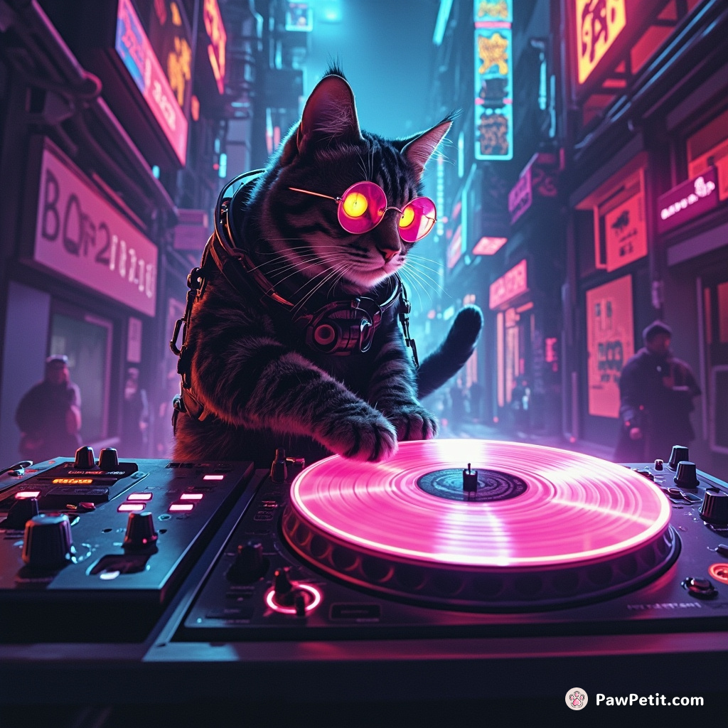 Cyberpunk cat DJ mixing floating holographic vinyl records in a neon-lit futuristic alleyway.