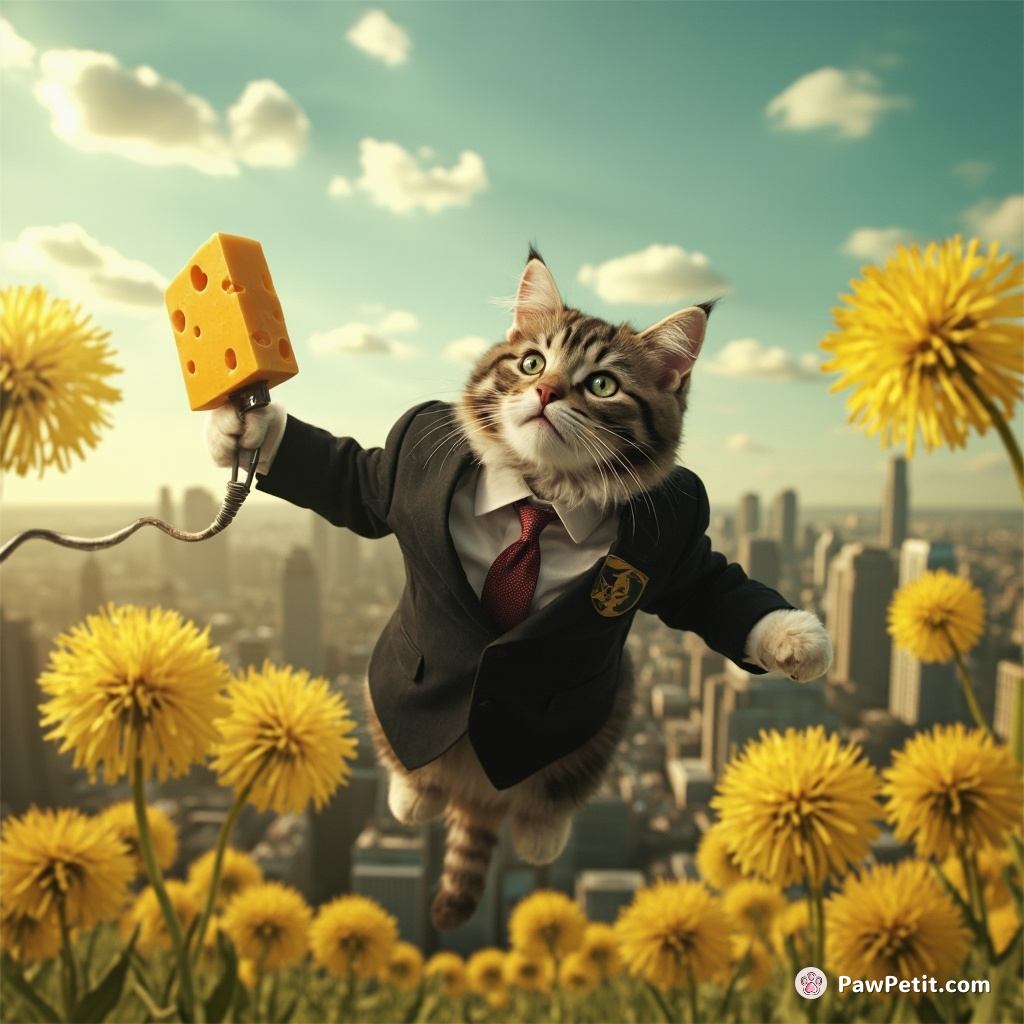 A business cat in a suit, floating effortlessly over a city held by oversized dandelions, broadcasting the morning meow news from a cheese microphone.