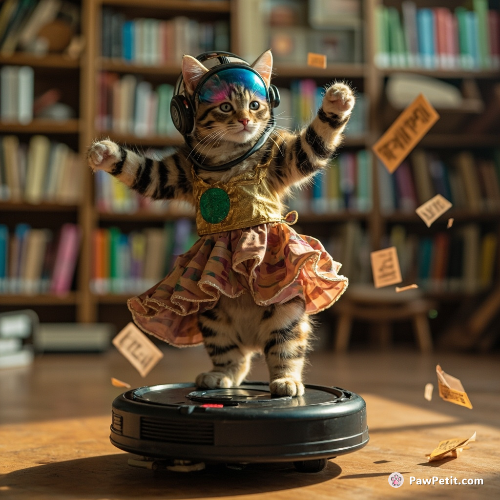 A tabby cat doing flamenco on a roomba, wearing armadillo shell shoes and deep sea diver's helmet, in a levitating library of rainbow books.