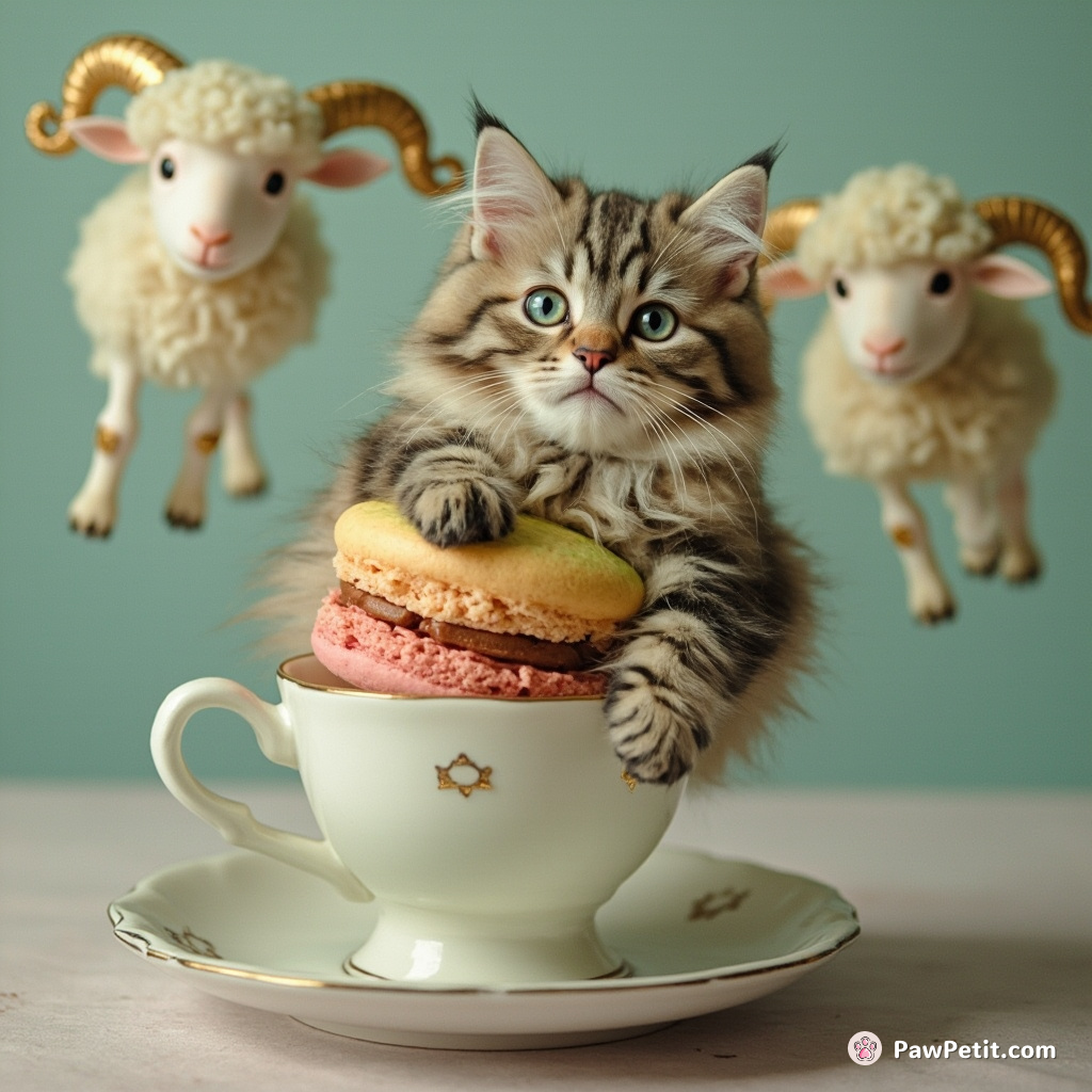 A fat Persian cat bouncing wistfully on a macaroon in an oversized teacup while fluffy ALIEN sheep circling overhead.
