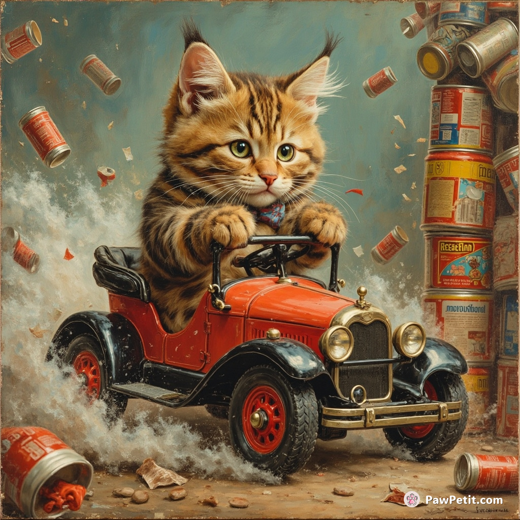 Whiskers, thinking he’s human, tries to drive a toy car, resulting in a hilarious crash into a tower of cans.