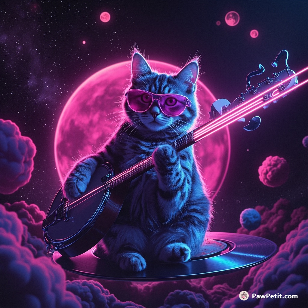 A neon cyberpunk cat playing a laser banjo on a floating vinyl disc in the cosmos.