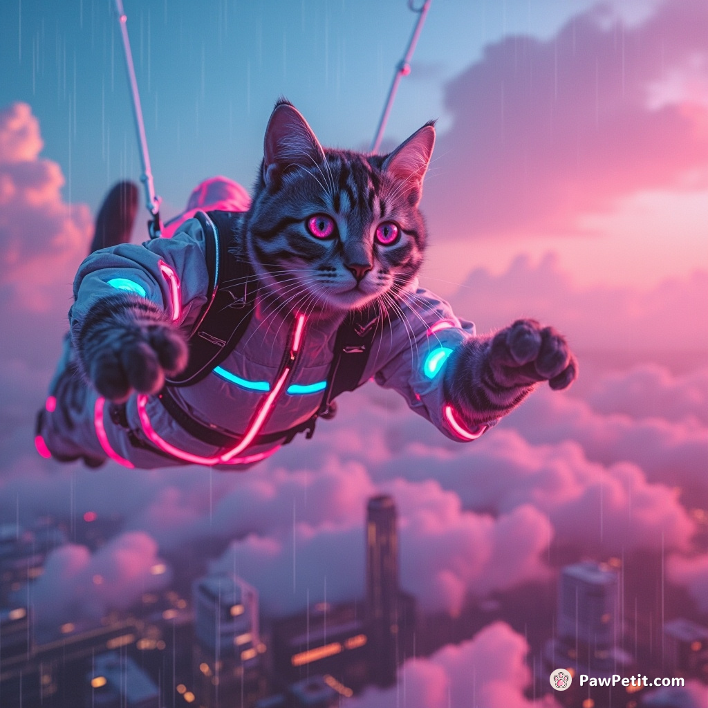 A neon-lit cyberpunk cat skydiving over a confectionery city, aiming for a field of candy-floss clouds with lasagna-flavored rain.