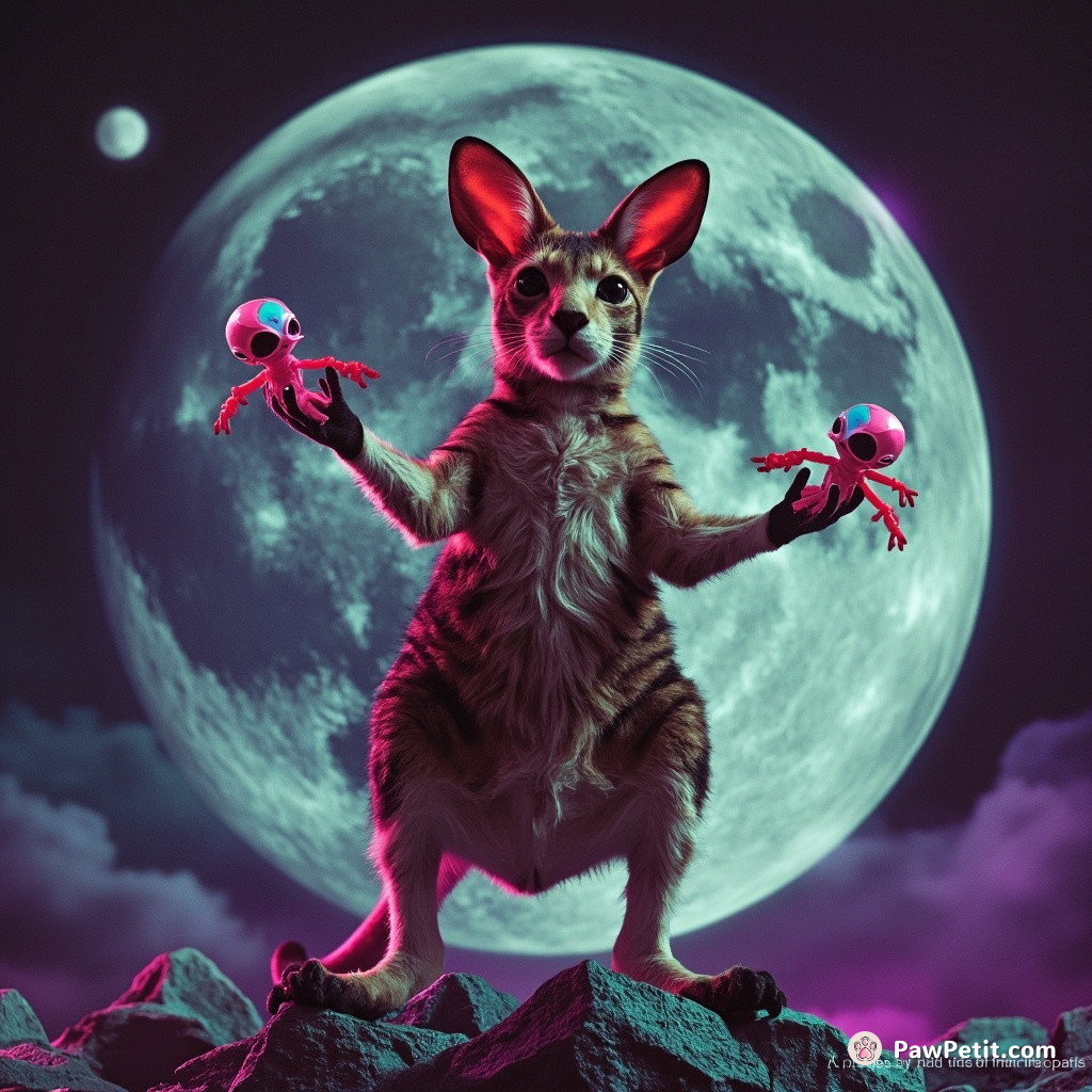 A kangaroo-cat hybrid playing juggling with miniature aliens on a disco moon.