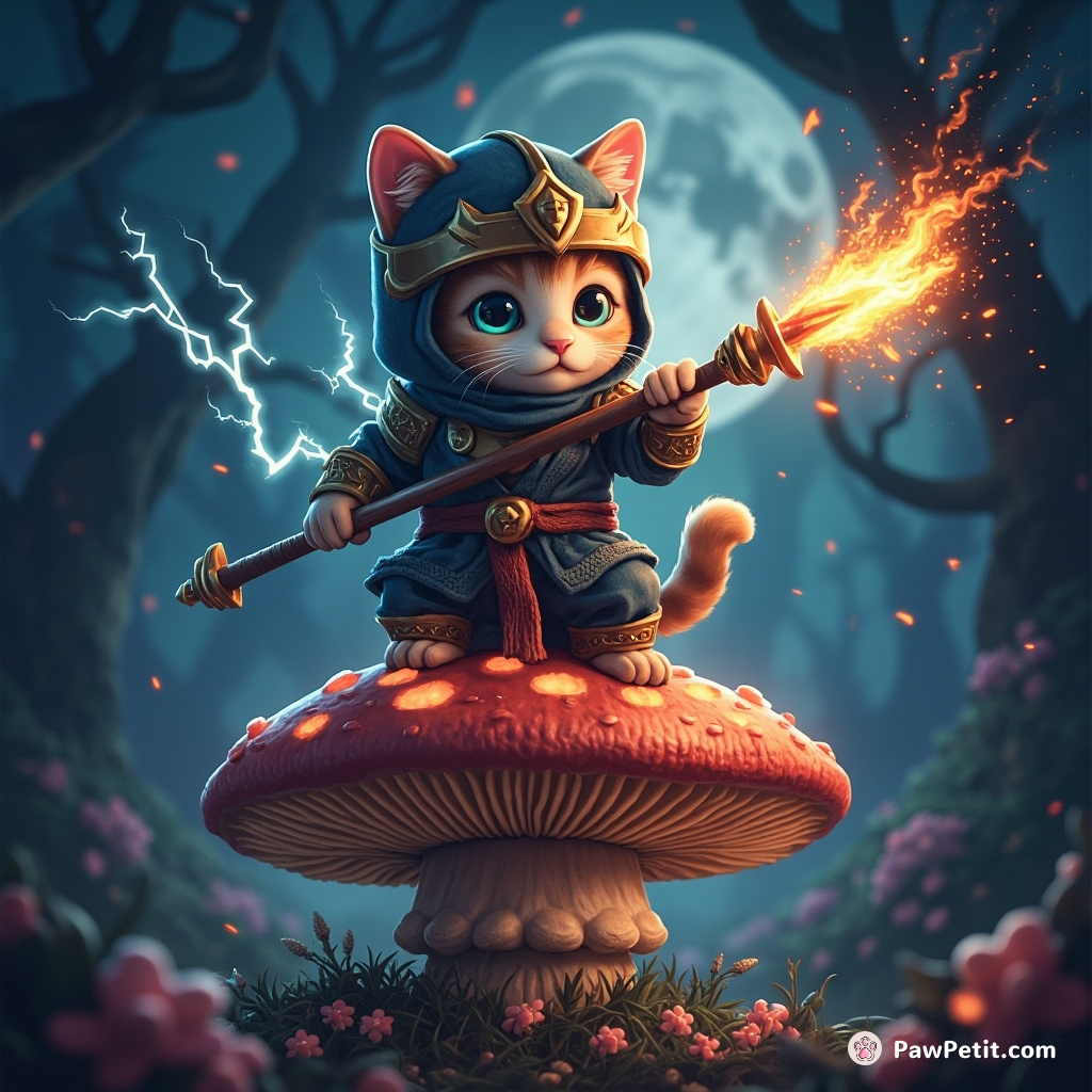 A ninja cat spinning a fire Trident on top of a glowing mushroom in aetherial twilight forest, glimmer of moonlight reflecting on its electrode armor.