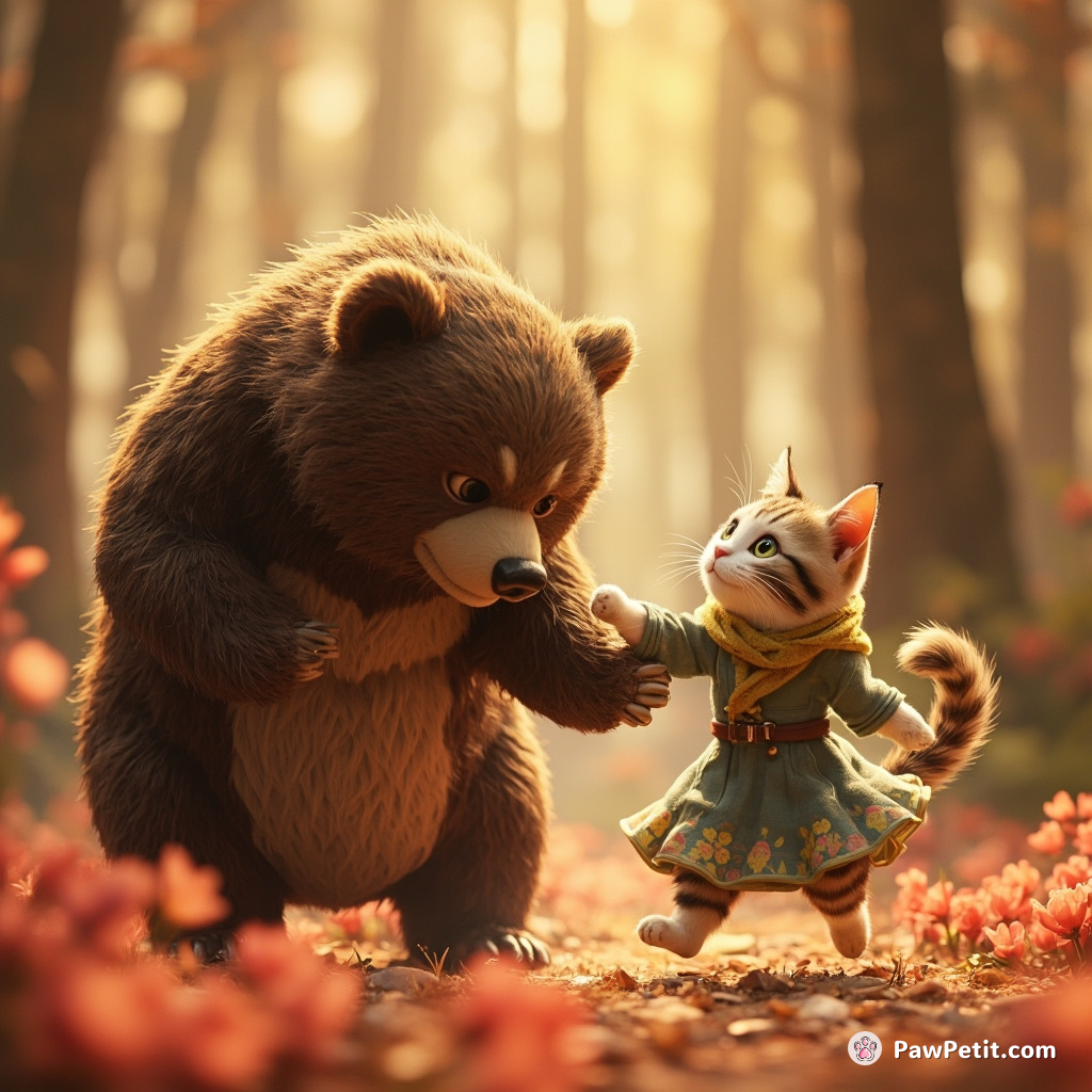 In the land of Tulip Tail, a nimble cat cleverly ruled victorious in a waltzing duel with a sinister grizzly bear.