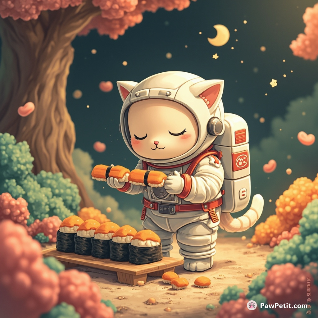 A sleepwalking astronaut cat making crescent-moon shaped sushi rolls in a jelly bean forest.