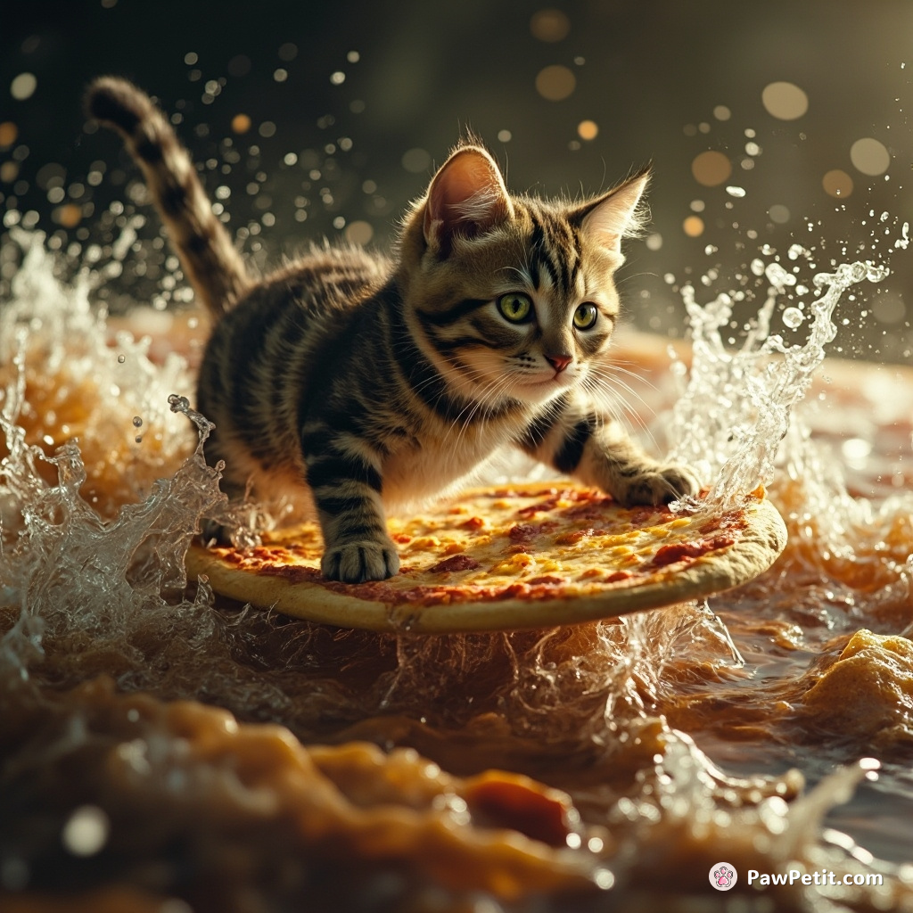 Cat surfing on a slice of pizza in an ocean of soda