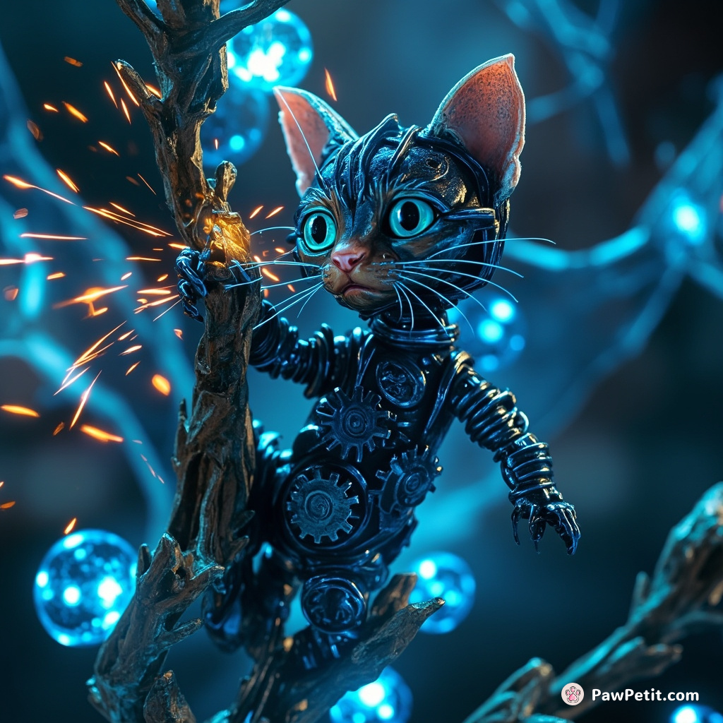 A clockwork cat made of cobalt blue gears and sparks climbing a vine of glowing geometric shapes on a sky of cracked glass.