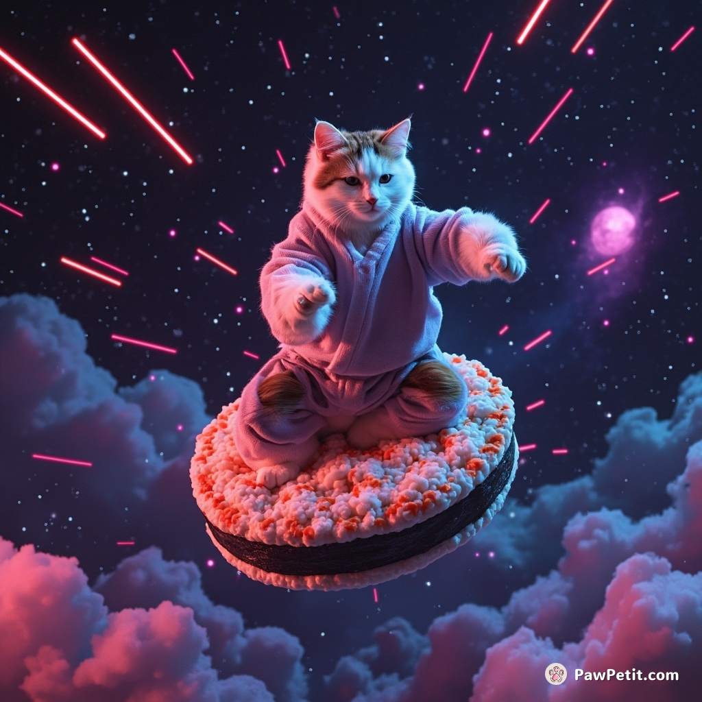 A calico cat practicing tai chi on a floating sushi roll in mid-space amidst neon-shooting stars.