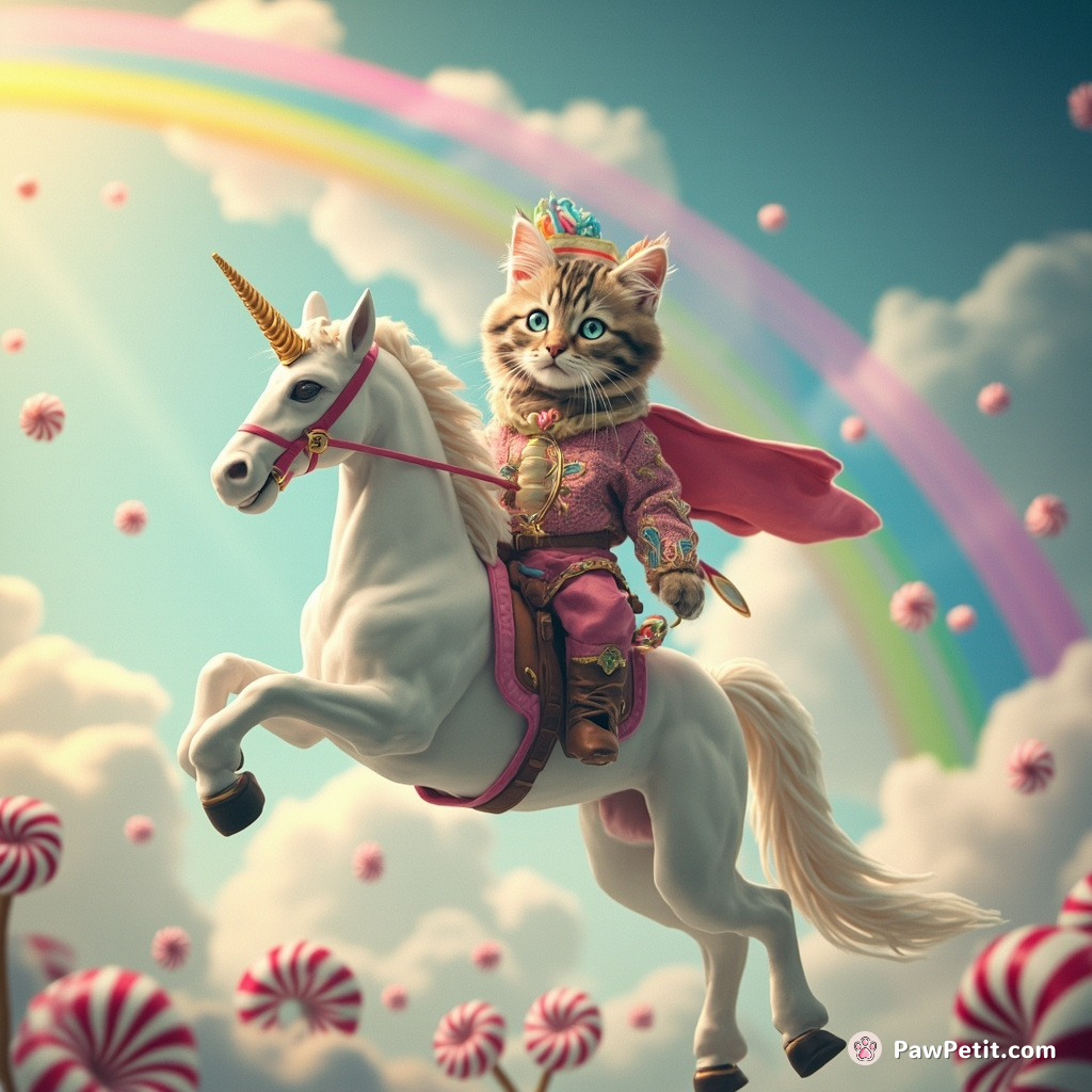 Cat jousting on a unicorn under a peppermint rainbow.