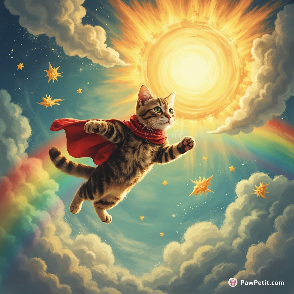 In "Whiskers' Quest," a brave tabby cat leaps across rainbows to rescue the sun from a mischievous cloud.