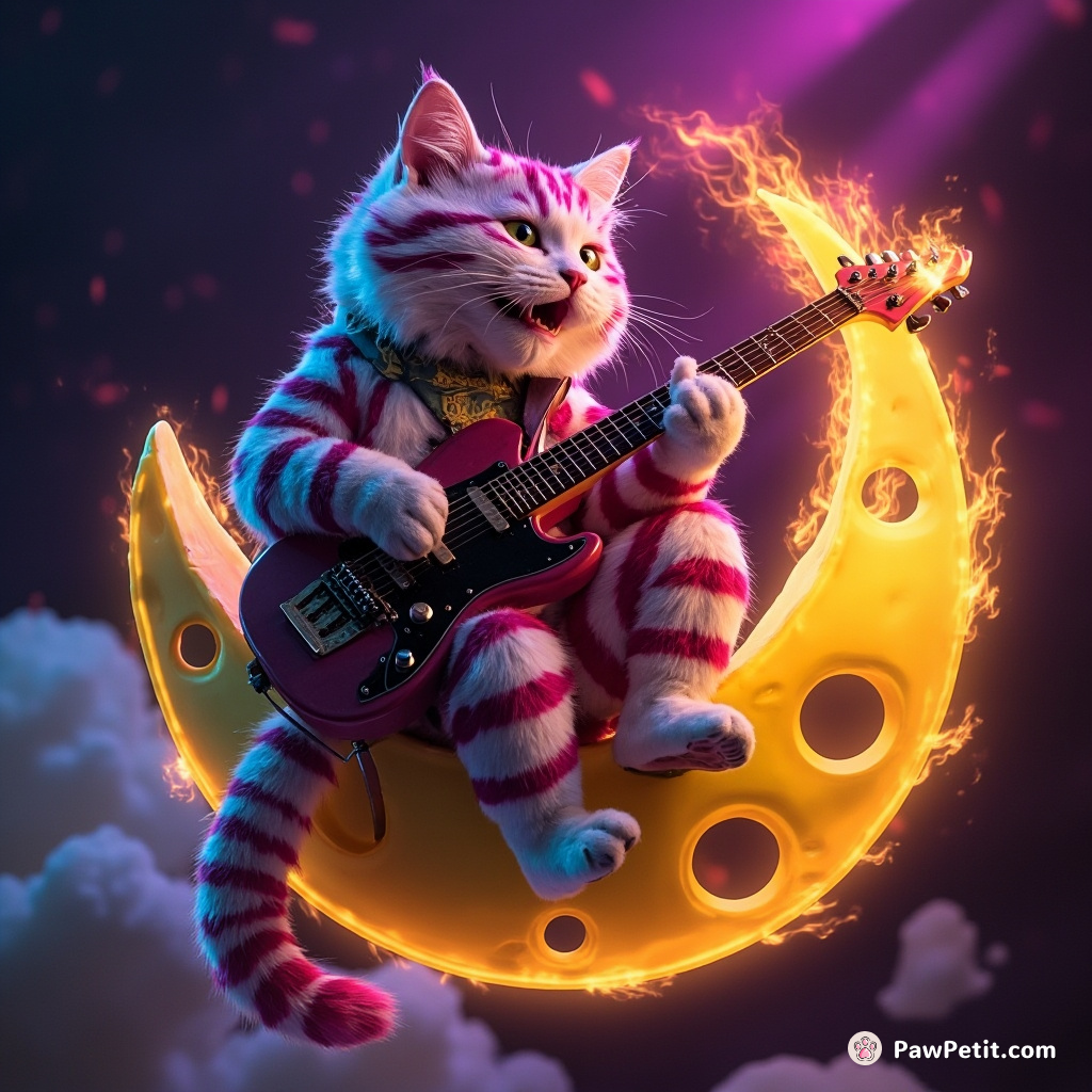 Alice in Wonderland-themed Cheshire cat playing a flaming guitar on top of a levitating moon cheese.
