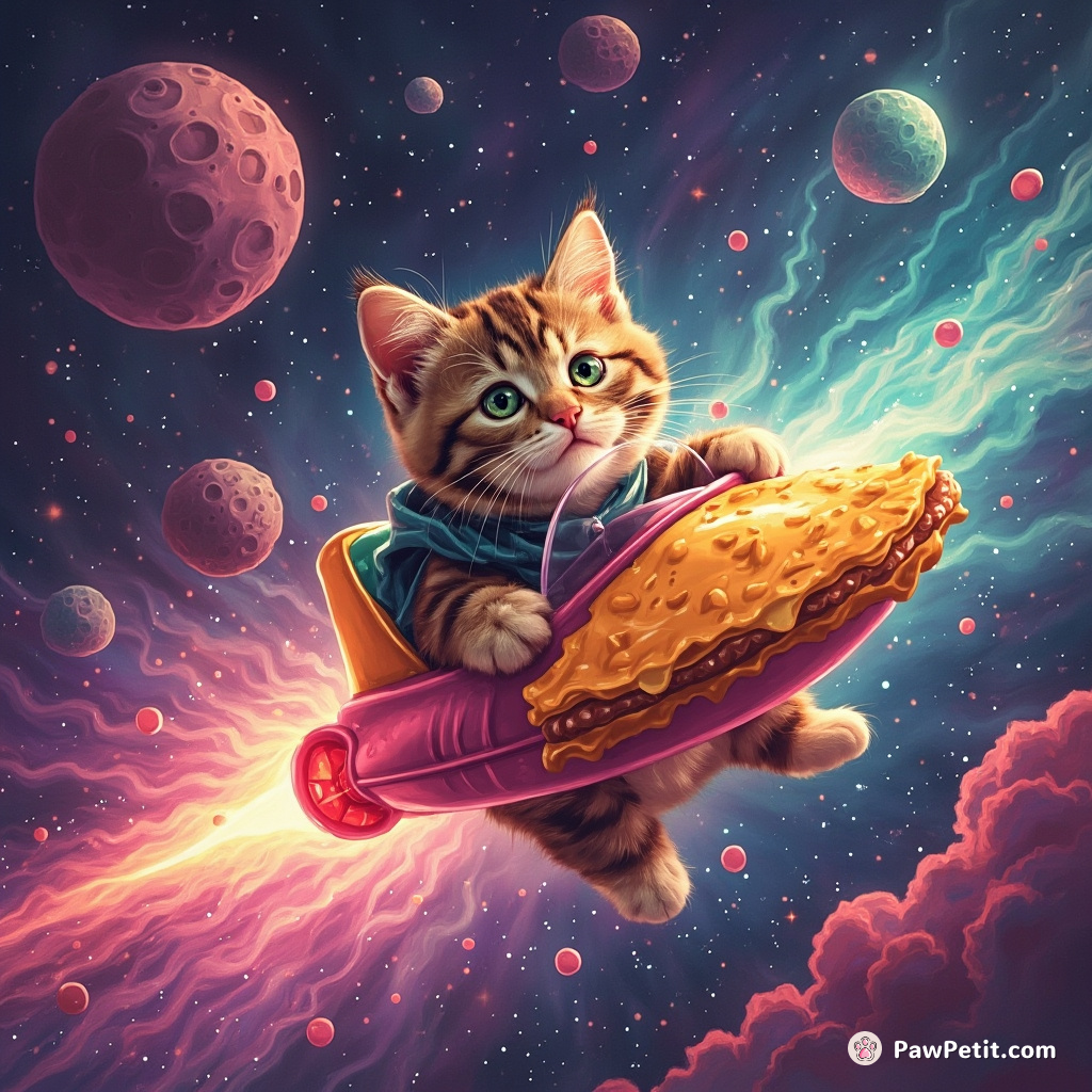 Cat piloting a bubblegum spaceship through an intergalactic grilled cheese nebula.