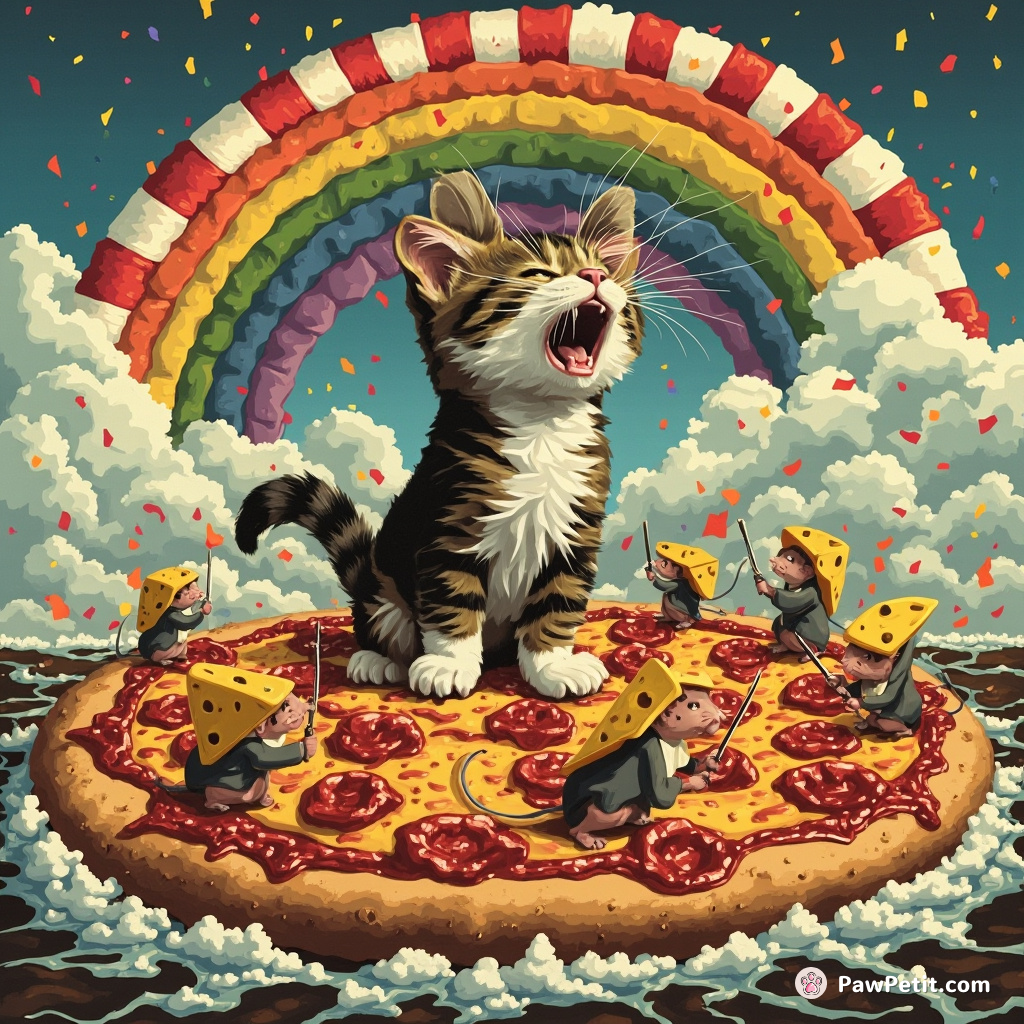 A cat vigorously conducting a symphony of mice clad in cheese costumes, atop a giant pizza floating in an ocean of root beer under a candy cane rainbow sky.